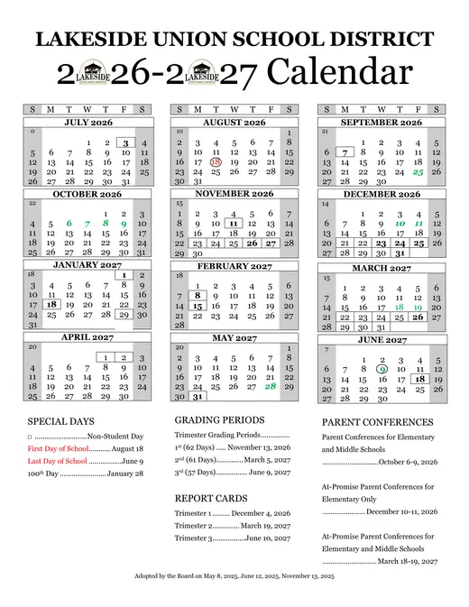Lakeside Union School District 2026–2027 Academic Calendar Page 1