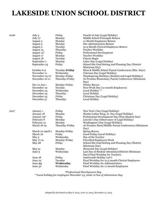 Lakeside Union School District 2026–2027 Academic Calendar Page 2