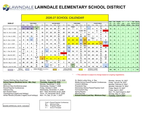 Lawndale Elementary School District 2026–2027 Academic Calendar