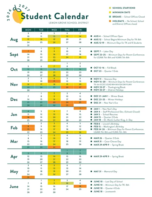Lemon Grove School District 2026–2027 Academic Calendar