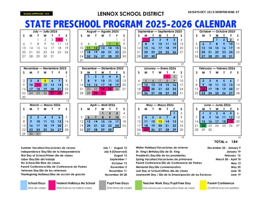 Lennox School District 2025–2026 Academic Calendar