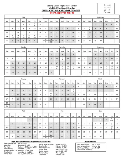 Liberty Union High School District 2026–2027 Academic Calendar