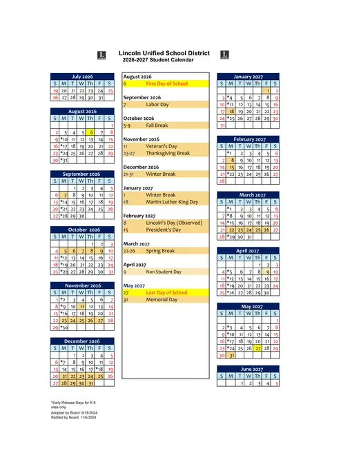 Lincoln Unified School District 2026–2027 Academic Calendar