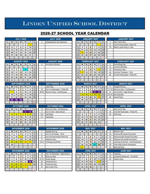 Linden Unified School District LUSD 2026–2027 Academic Calendar