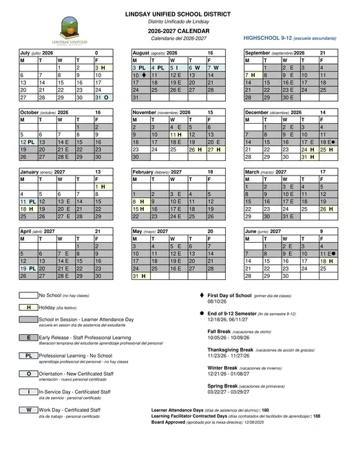 Lindsay Unified School District 2026–2027 Academic Calendar