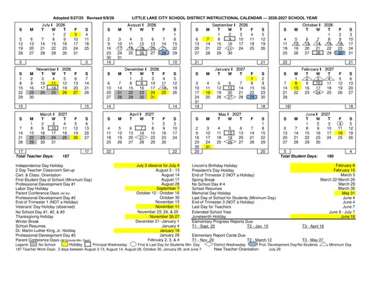 Little Lake City School District 2026–2027 Academic Calendar