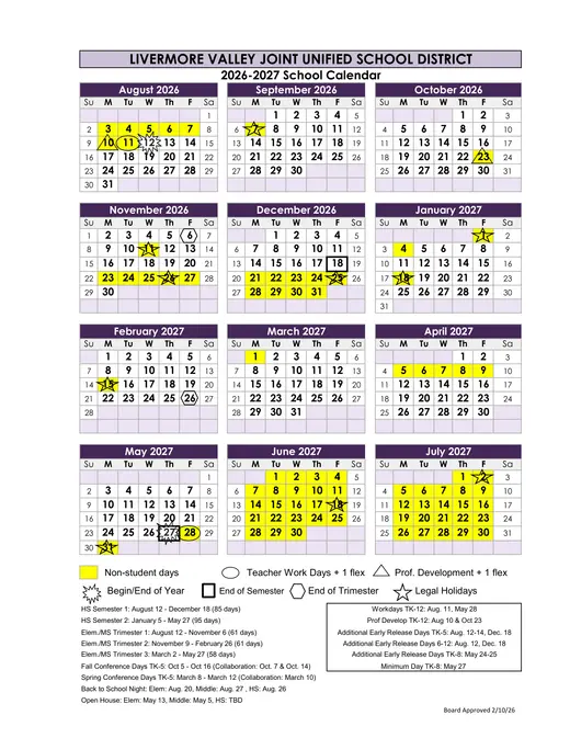 Livermore Valley Joint Unified School District 2026–2027 Academic Calendar Page 1