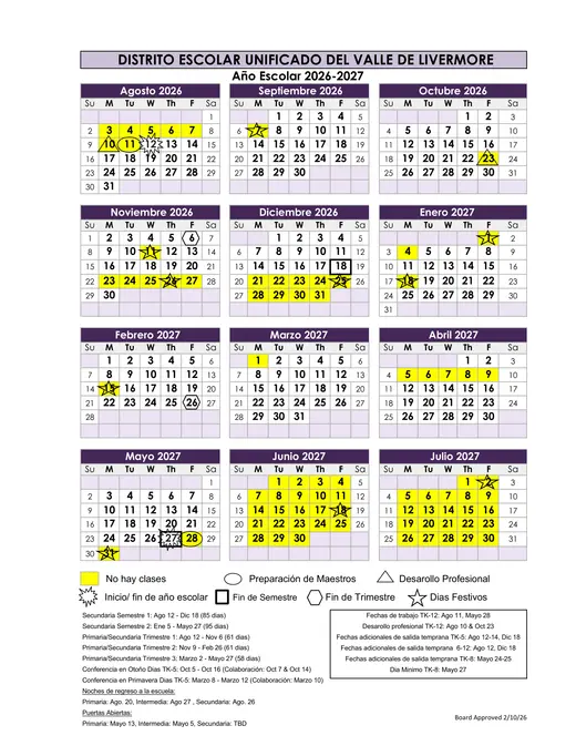 Livermore Valley Joint Unified School District 2026–2027 Academic Calendar Page 2