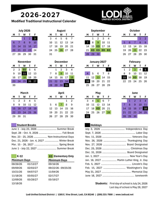 Lodi Unified School District 2026–2027 Academic Calendar