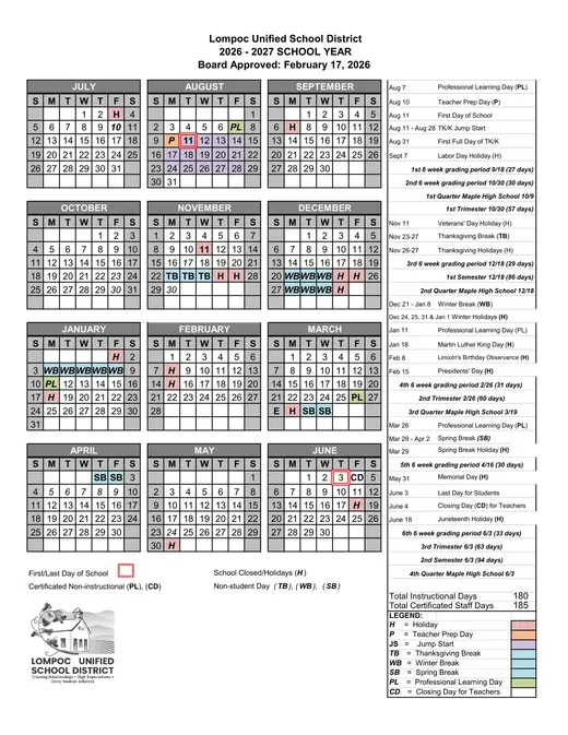 Lompoc Unified School District LUSD 2026–2027 Academic Calendar