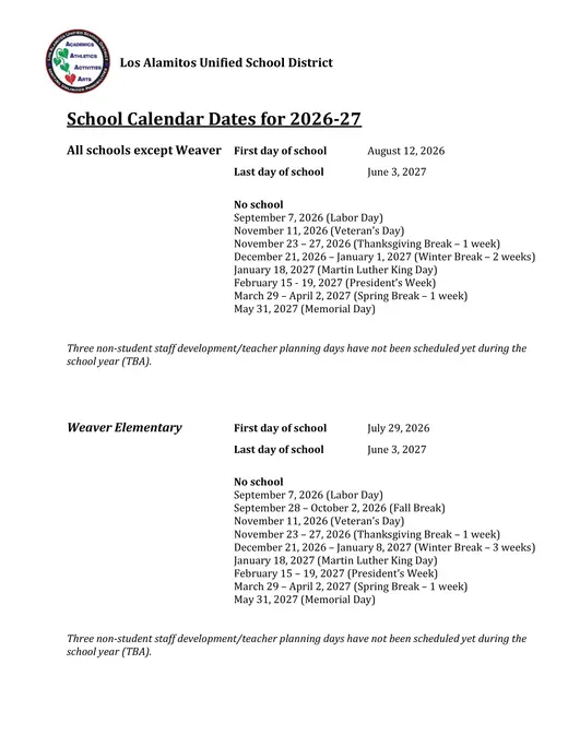 Los Alamitos Unified School District 2026–2027 Academic Calendar