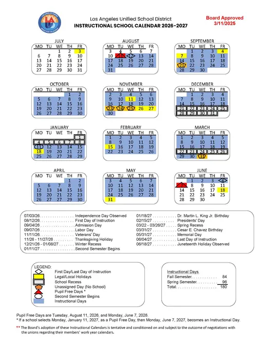 Los Angeles Unified School District 2026–2027 Academic Calendar Page 1