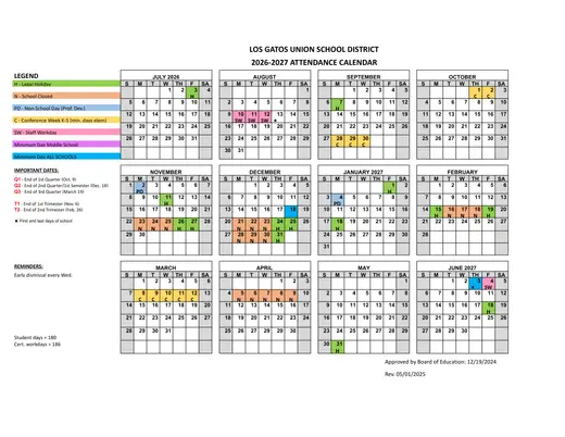 Los Gatos Union School District 2026–2027 Academic Calendar