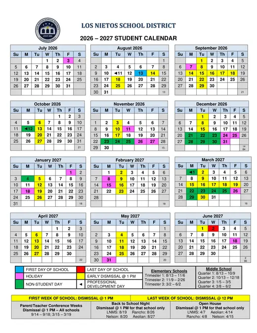 Los Nietos School District 2026–2027 Academic Calendar