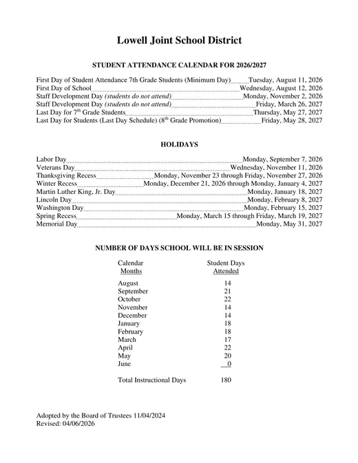 Lowell Joint School District 2026–2027 Academic Calendar
