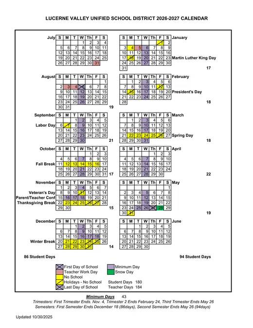 Lucerne Valley Unified School District 2026–2027 Academic Calendar