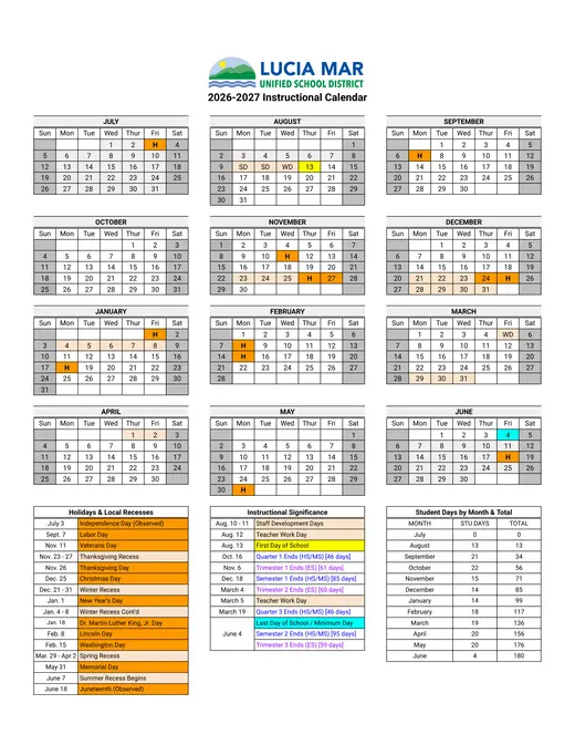 Lucia Mar Unified School District LMUSD 2026–2027 Academic Calendar