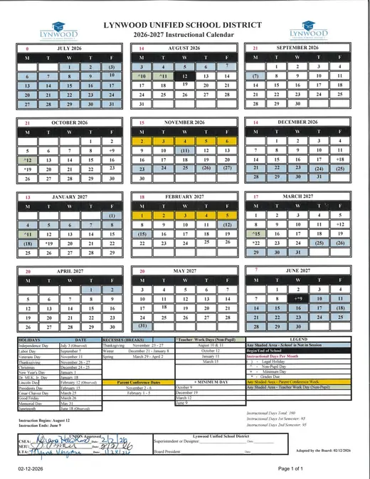 Lynwood Unified School District 2026–2027 Academic Calendar