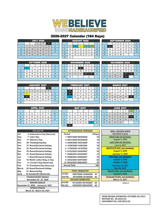 Madera Unified 2026–2027 Academic Calendar