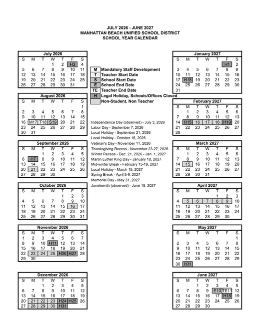 Manhattan Beach Unified School District 2026–2027 Academic Calendar