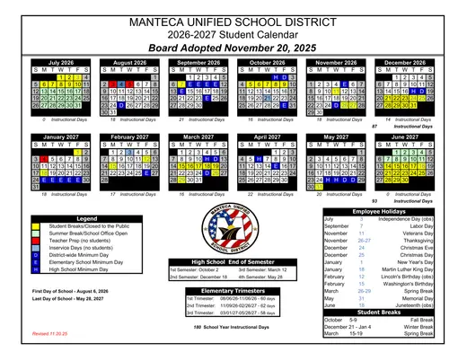 Manteca Unified School District 2026–2027 Academic Calendar