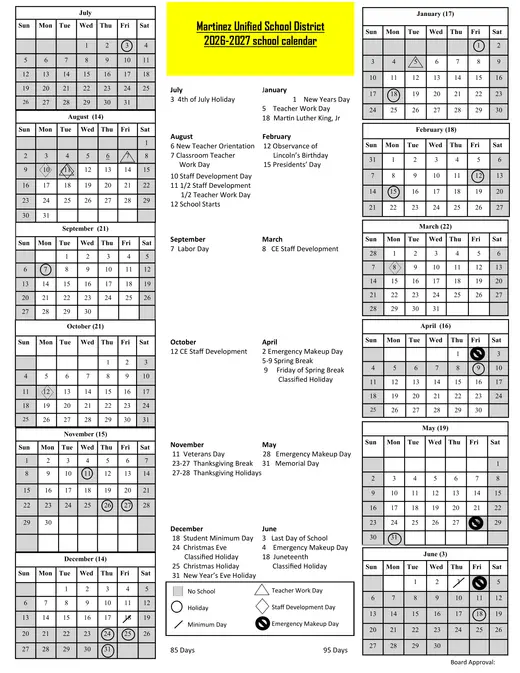 Martinez Unified School District 2026–2027 Academic Calendar