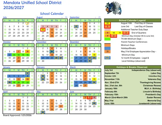 Mendota Unified School District 2026–2027 Academic Calendar Page 1