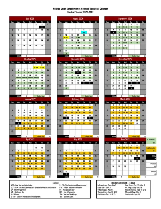 Menifee Union School District 2026–2027 Academic Calendar