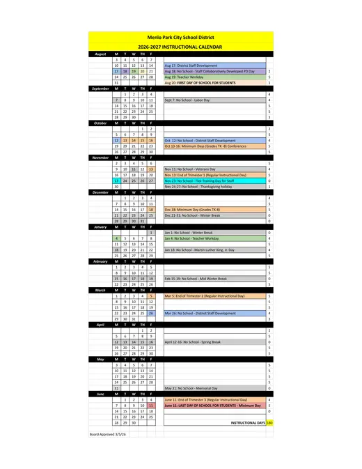 Menlo Park City School District 2026–2027 Academic Calendar