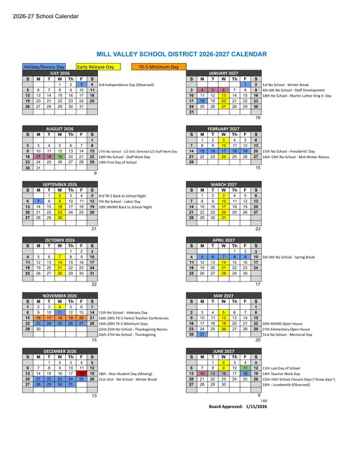 Mill Valley School District MVSD 2026–2027 Academic Calendar