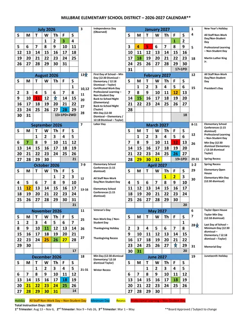 Millbrae Elementary School District MESD 2026–2027 Academic Calendar