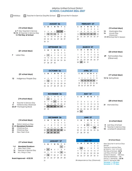 Milpitas Unified School District MUSD 2026–2027 Academic Calendar