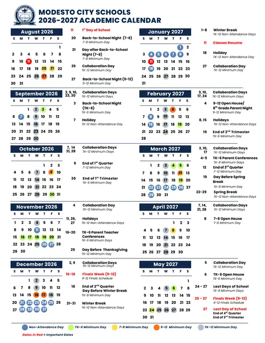 Modesto City Schools MCS 2026–2027 Academic Calendar Page 1