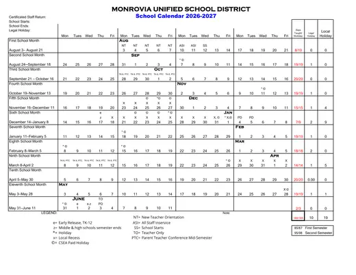 Monrovia Unified School District 2026–2027 Academic Calendar