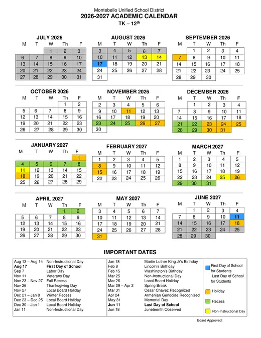 Montebello Unified School District 2026–2027 Academic Calendar