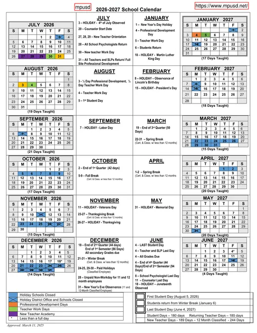 Monterey Peninsula Unified School District MPUSD 2026–2027 Academic Calendar Page 1