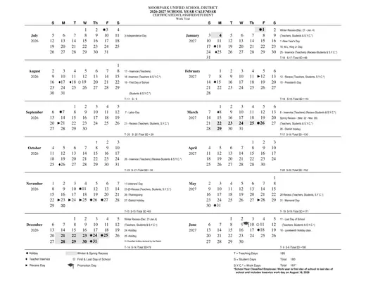 Moorpark Unified School District 2026–2027 Academic Calendar