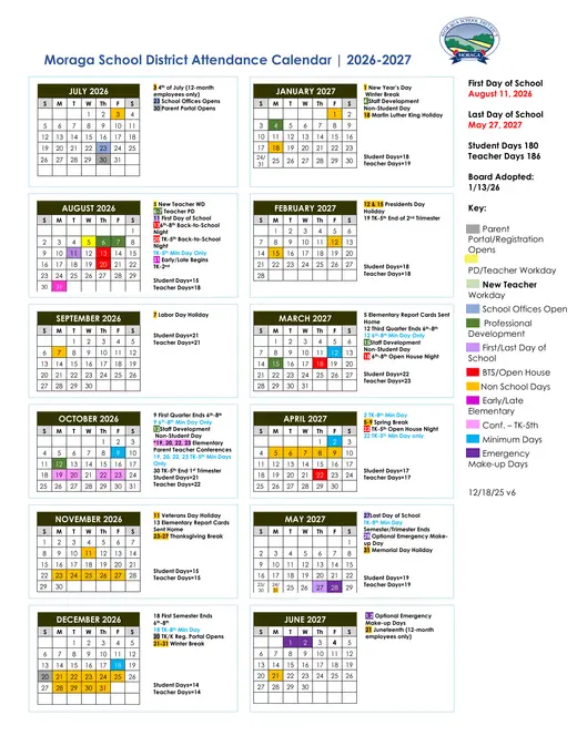 Moraga School District 2026–2027 Academic Calendar