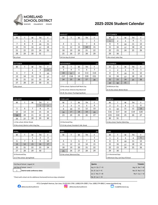 Moreland School District 2025–2026 Academic Calendar