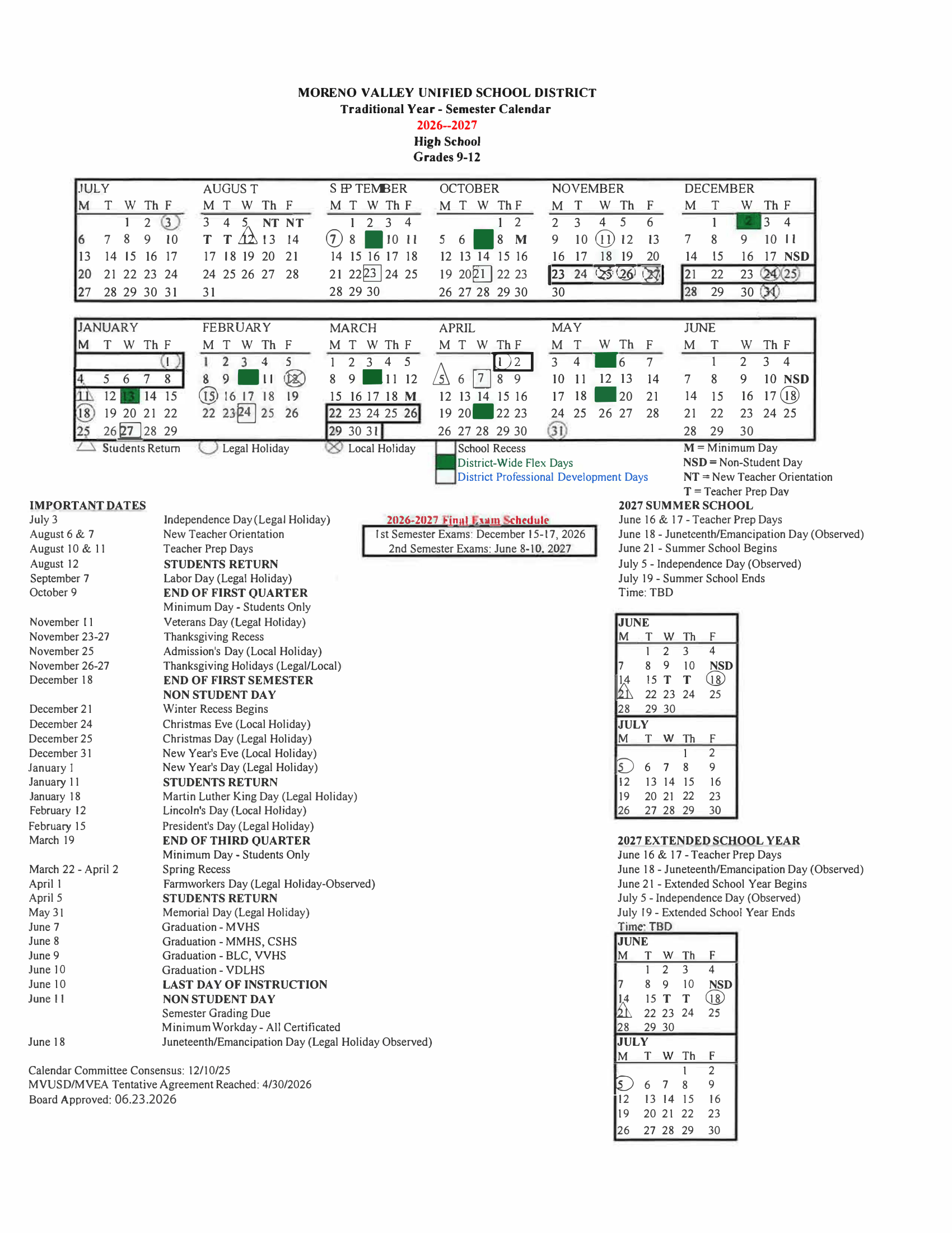 Moreno Valley Unified School District 2026–2027 Academic Calendar Page 2