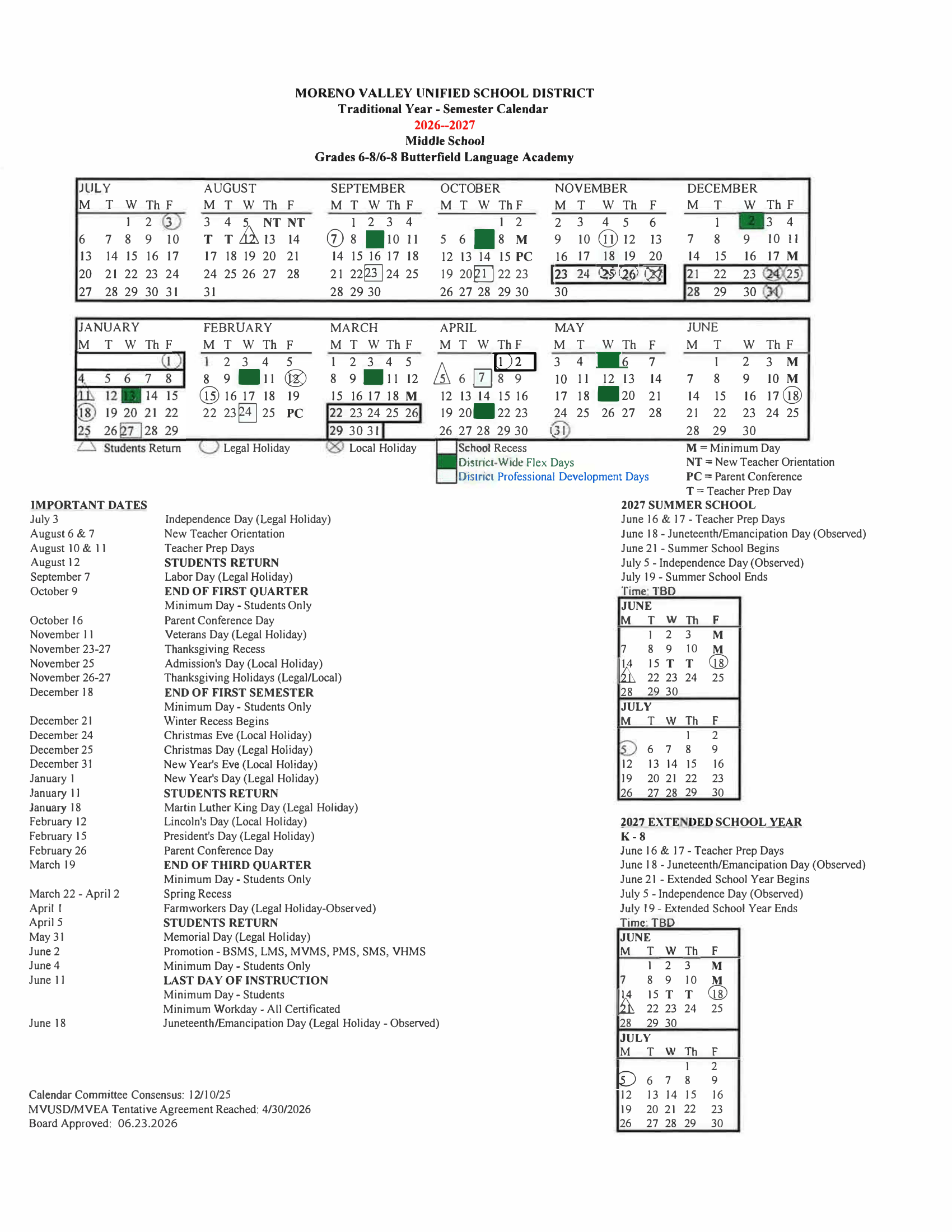 Moreno Valley Unified School District 2026–2027 Academic Calendar Page 3