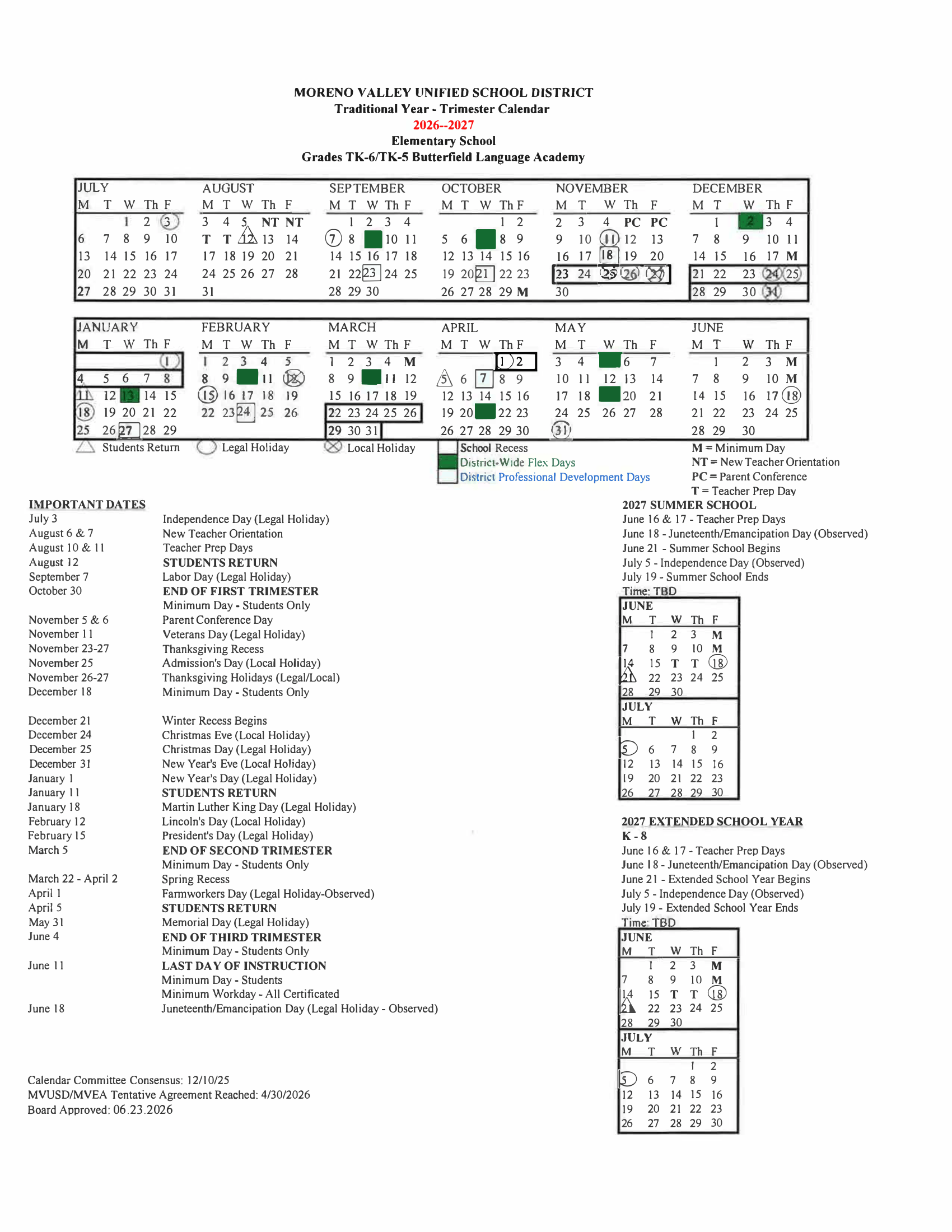 Moreno Valley Unified School District 2026–2027 Academic Calendar Page 4