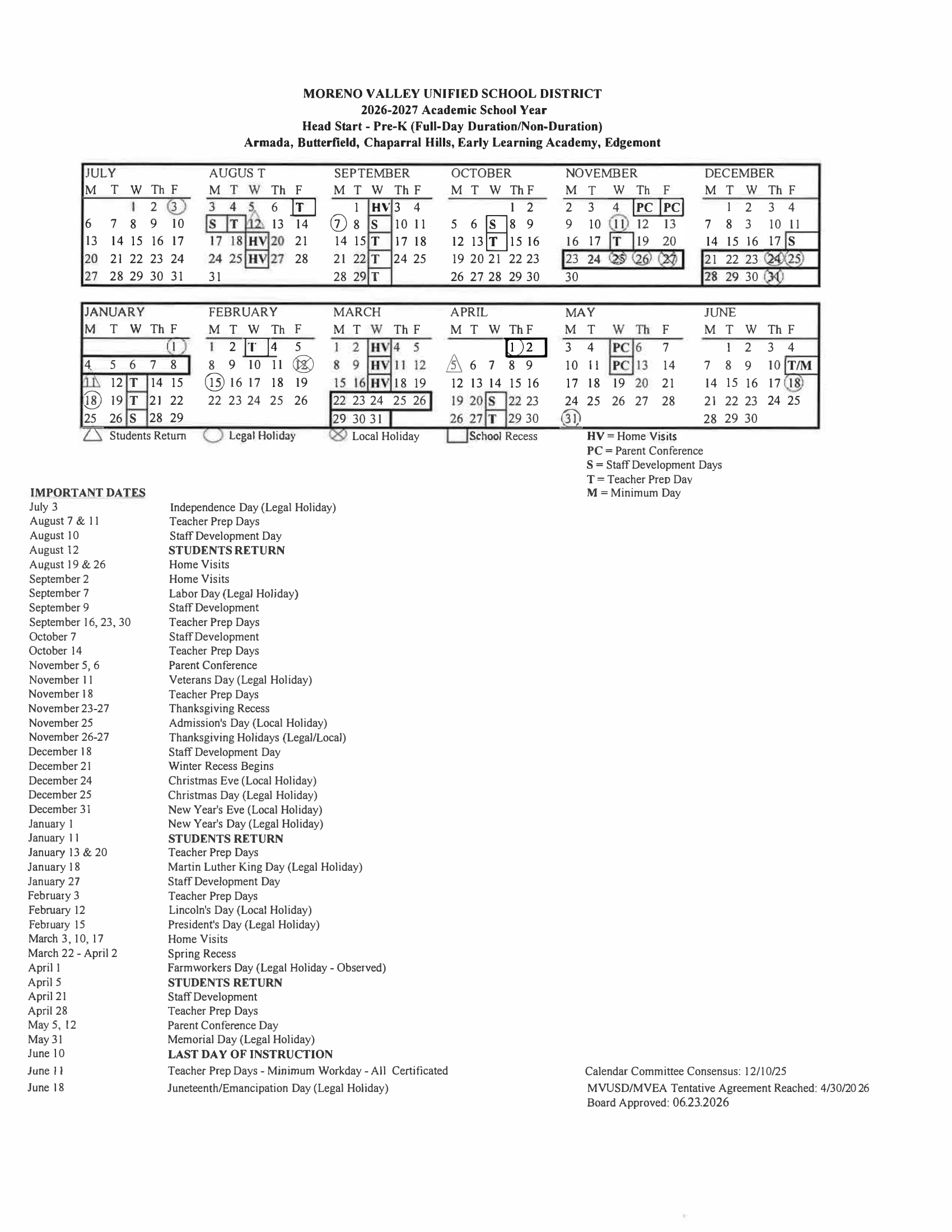 Moreno Valley Unified School District 2026–2027 Academic Calendar Page 5