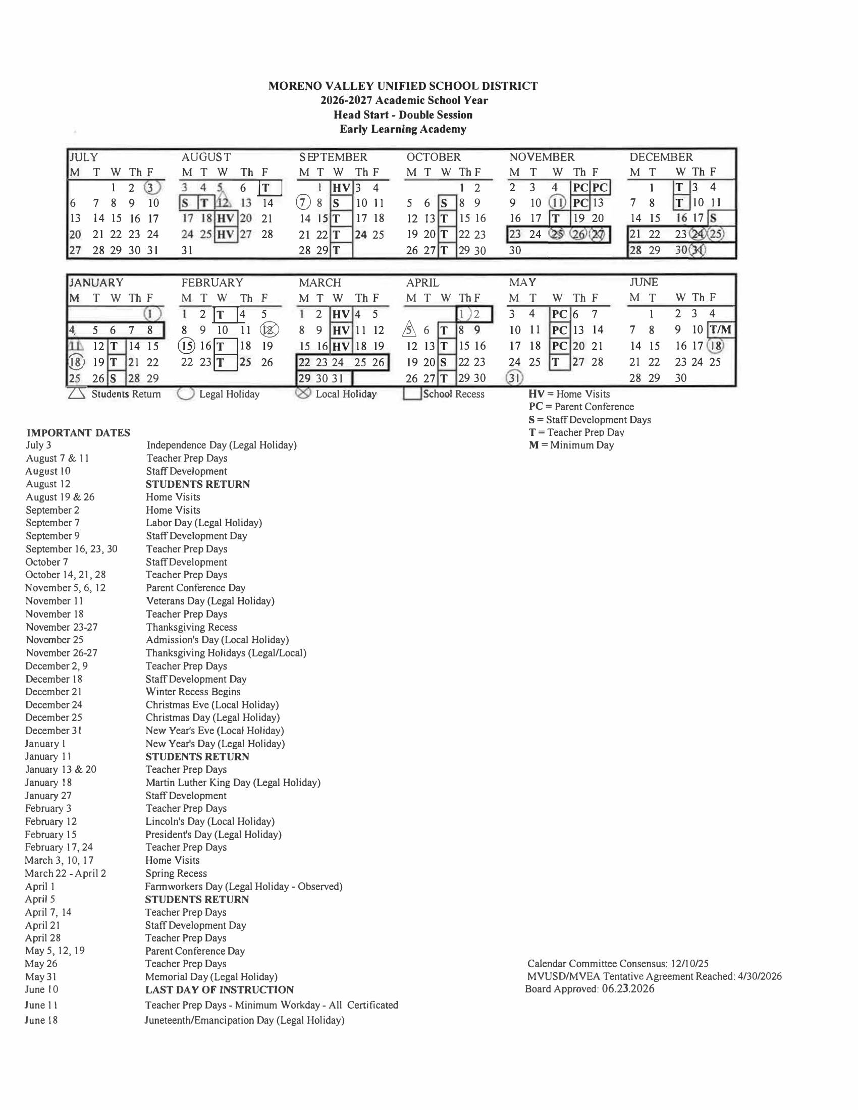 Moreno Valley Unified School District 2026–2027 Academic Calendar Page 6