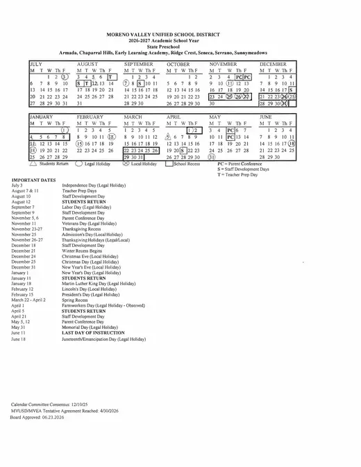 Moreno Valley Unified School District 2026–2027 Academic Calendar Page 1