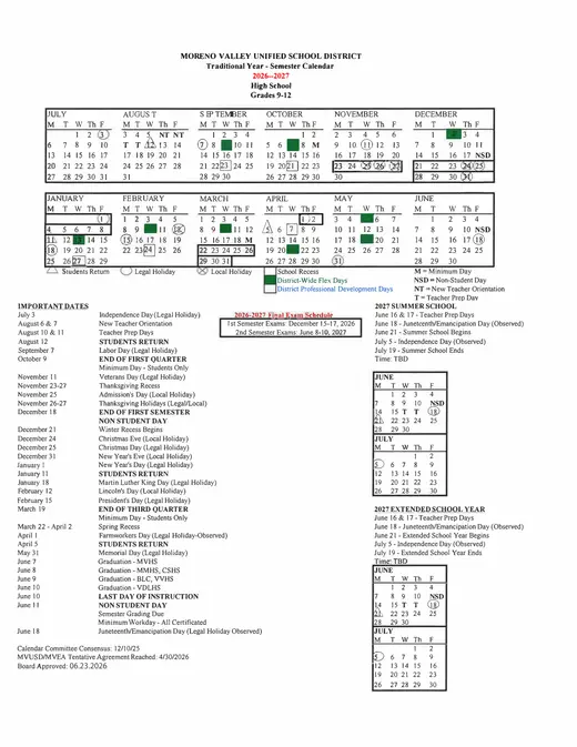 Moreno Valley Unified School District 2026–2027 Academic Calendar Page 2