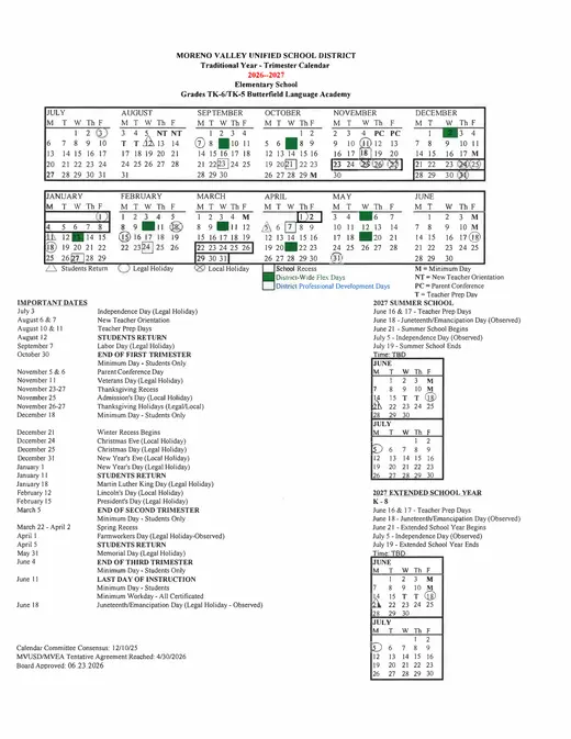Moreno Valley Unified School District 2026–2027 Academic Calendar Page 4