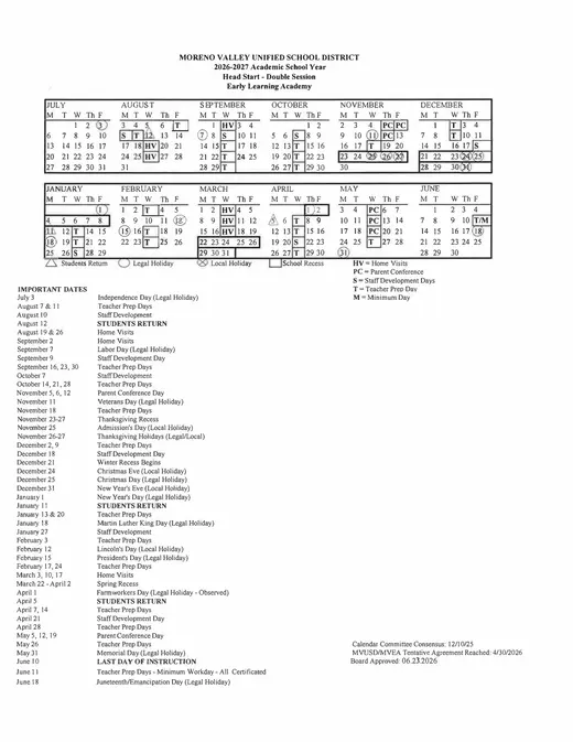 Moreno Valley Unified School District 2026–2027 Academic Calendar Page 6