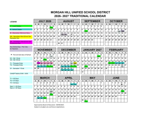 Morgan Hill Unified School District 2026–2027 Academic Calendar