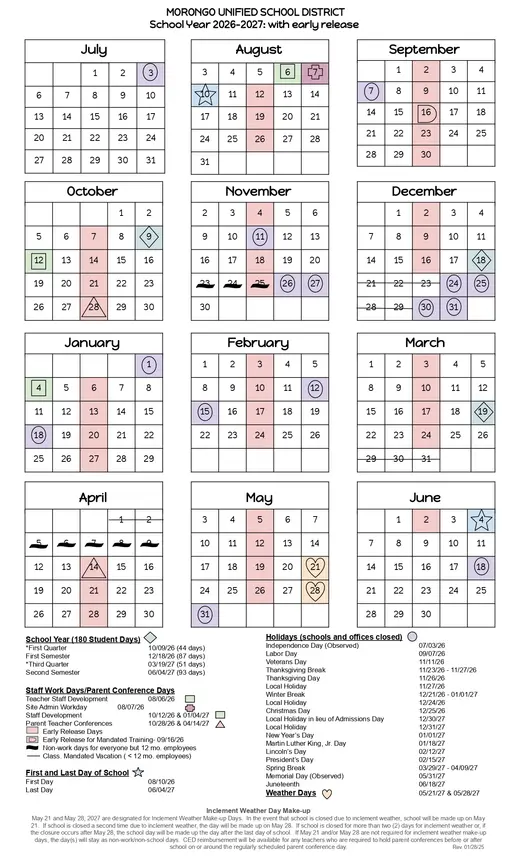 Morongo Unified School District 2026–2027 Academic Calendar